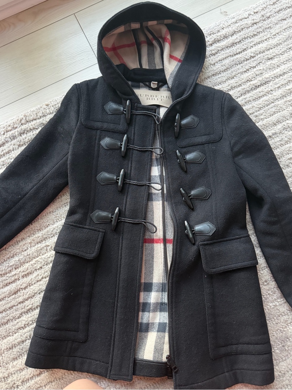 Burberry Brit Beige Plaid Lined Coat with Black Trim